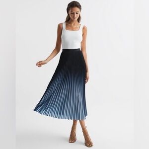 REISS MARLIE Black & Blue Ombre Pleated Midi Skirt